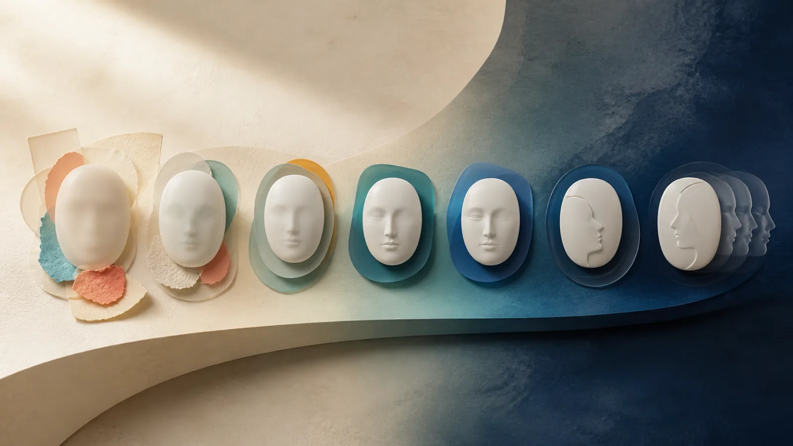 AI-generated illustration of face-recognition ability flowing continuously from indistinct to highly distinct identity representations