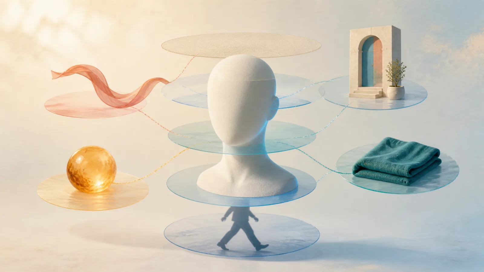 AI-generated editorial illustration of facial form connecting in layers to voice, place, memory, and name cues