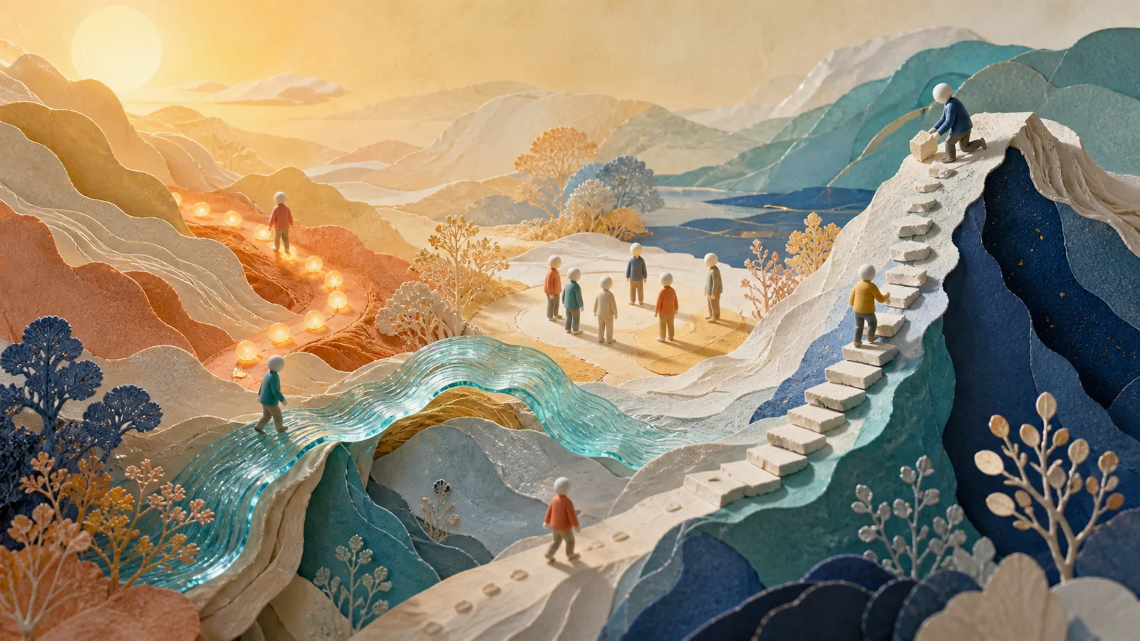 AI-generated landscape metaphor for an uneven cognitive profile, with several paths compensating for different heights