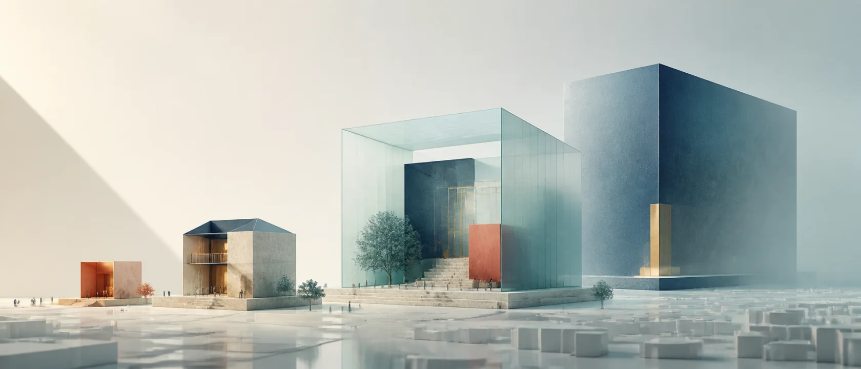 AI-generated editorial illustration using architecture to show money scaling from personal life to civic infrastructure